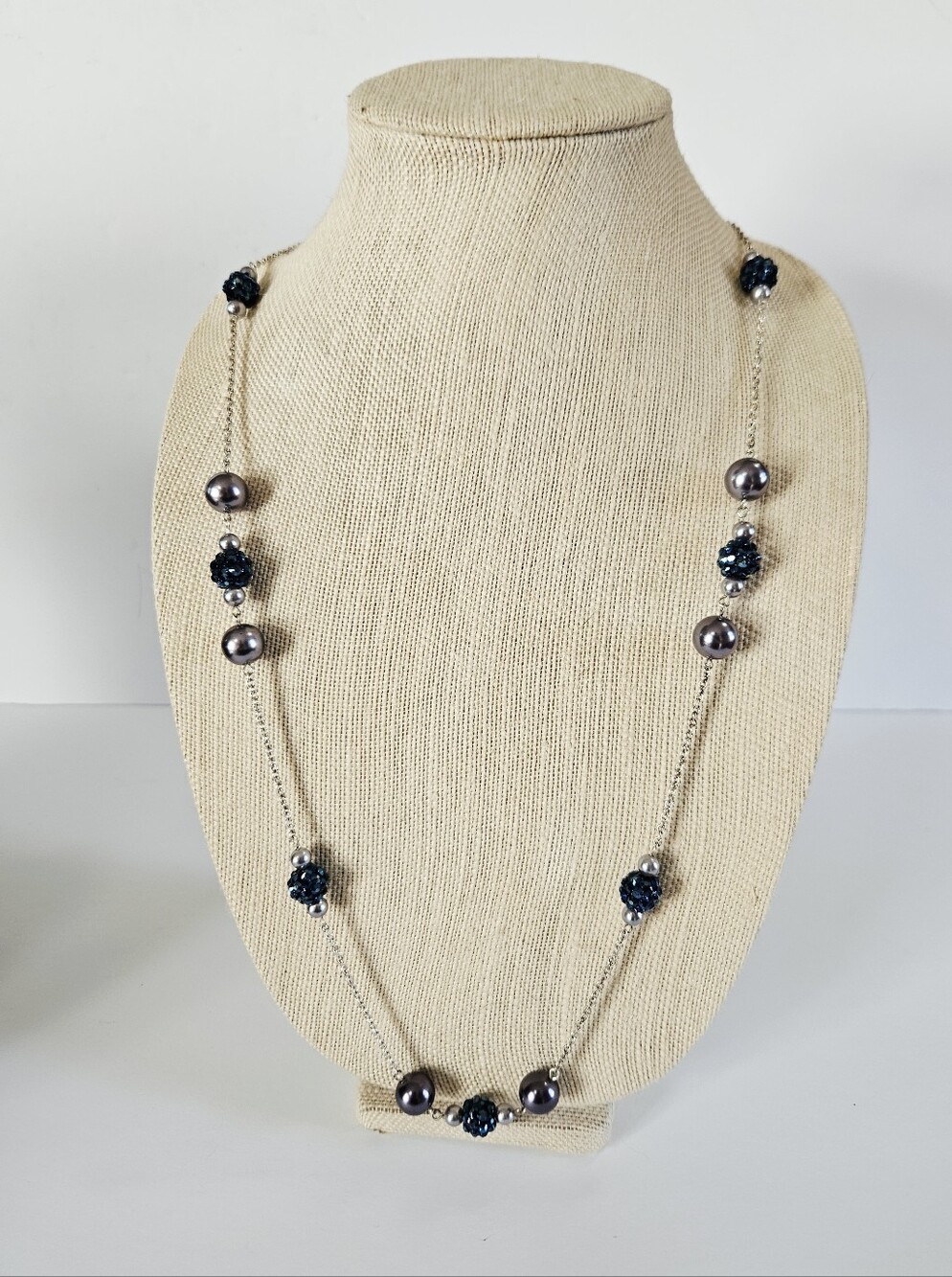 Vintage RMN Roman Blue Faux Pearl Beaded Silver Tone Opera Length Chain Necklace